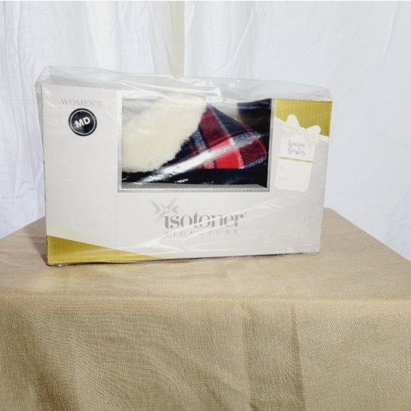 Women's Plaid Hoodback Clog Slippers Isotoner's ✨️size MED Red White and Blue - Picture 6 of 8